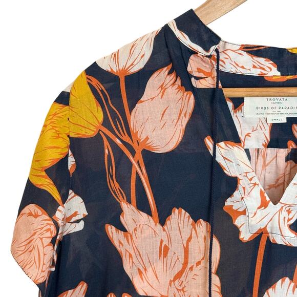 Trovata Birds of Paradis Floral Blouse Womens S Blakc Tassel Boho Lightweight - Picture 5 of 16